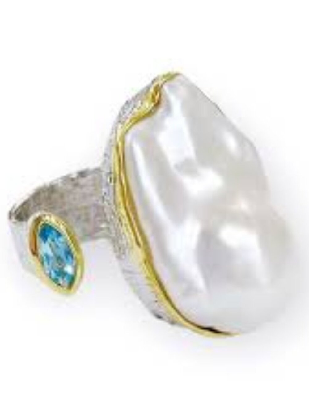 Vintage Baroque Pearl Ring 925 Sterling Silver Gold Plate & Blue Topaz Accent Si